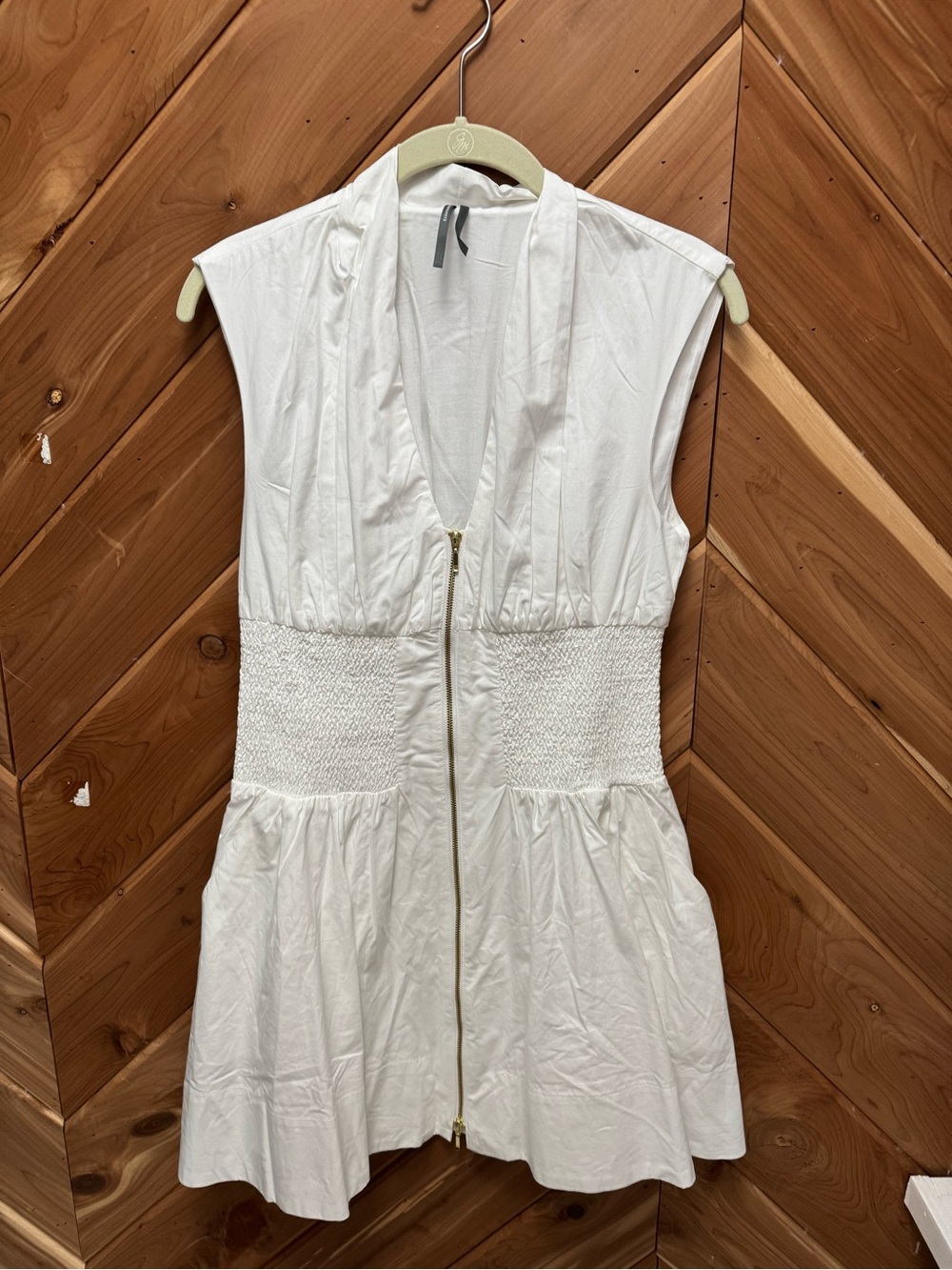 Anthropologie Tommie Cap-Sleeve Smocked Front-Zip Shirt Dress White Small